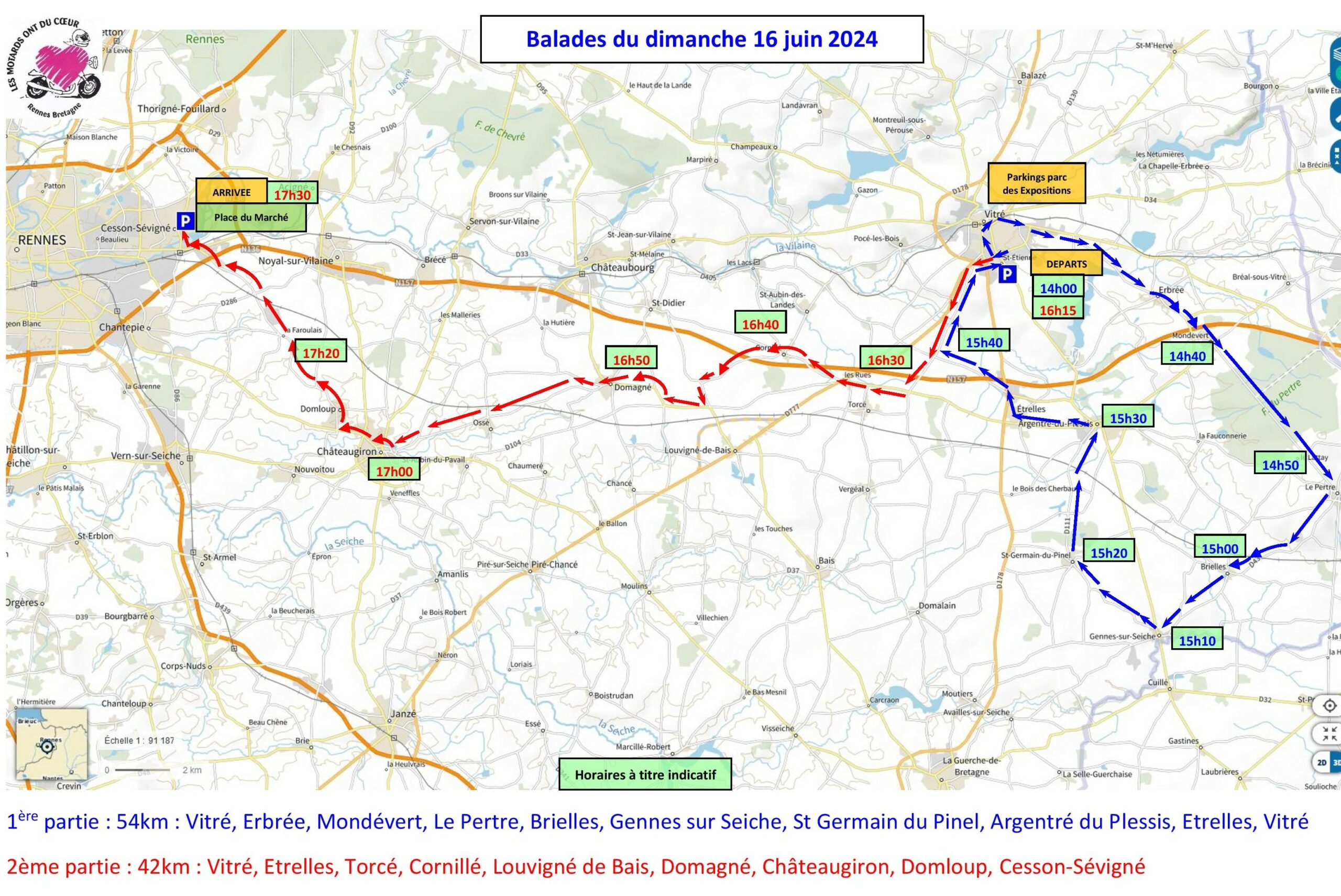 Parcours et horaires de passage balade 16 juin 2024